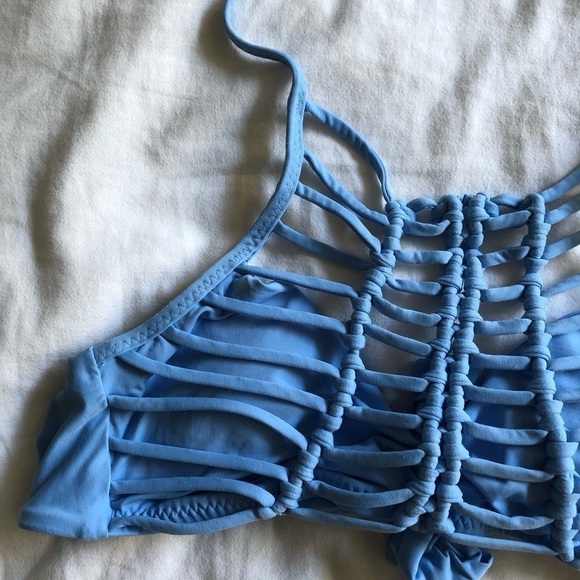 BECCA High Neck Macrame Crochet Halter Swim Top in Light Blue Small - Picture 2 of 5